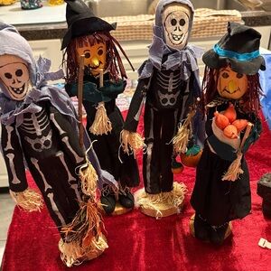 Spooky Skeleton and Witch Kids Costume Set on wood and raffia 3 in set
